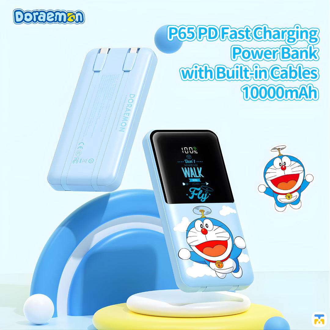 Doraemon 10000mAh  PD Fast Charging Power Bank with Built-in Cables