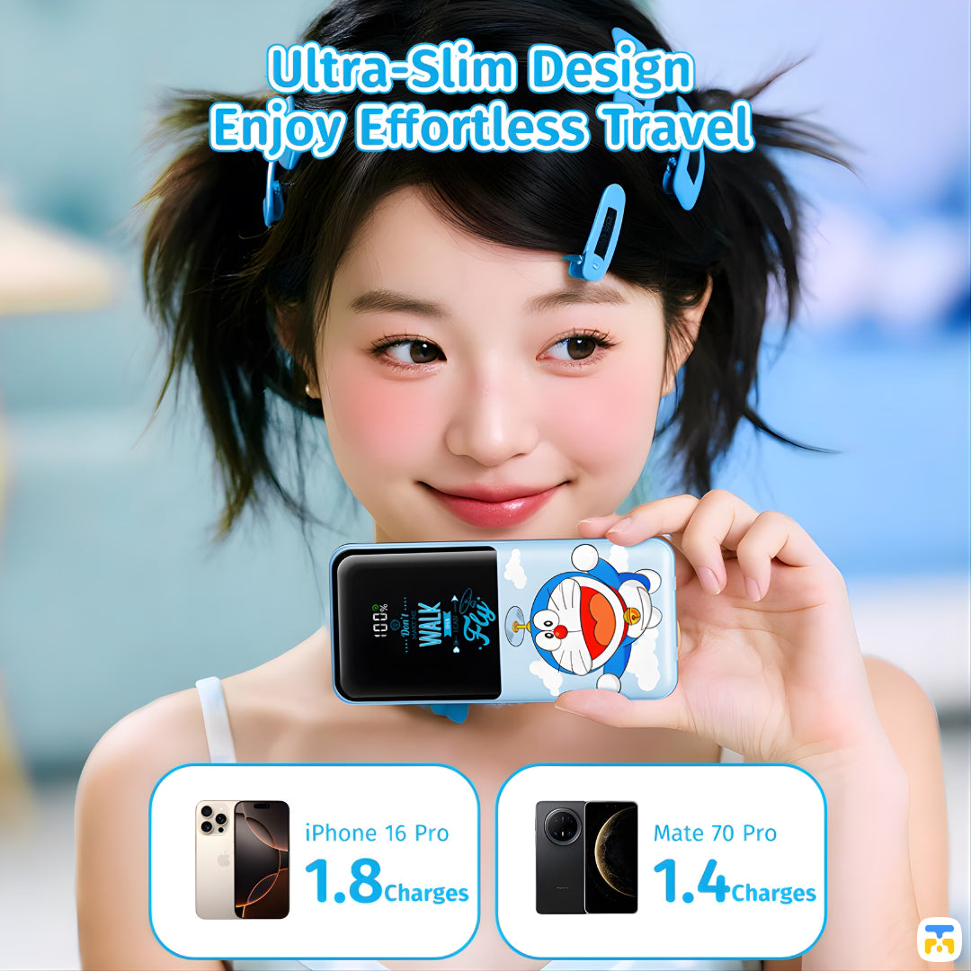Ultra-Slim Design Enjoy Effortless Travel - Doraemon 10000mAh  PD Fast Charging Power Bank with Built-in Cables