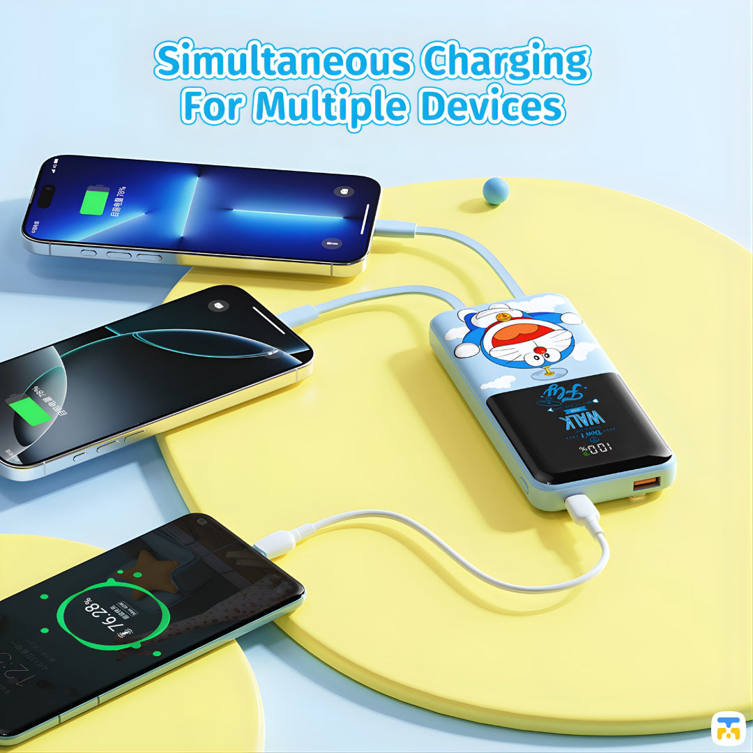 Simultaneous Charging For Multiple Devices - Doraemon 10000mAh  PD Fast Charging Power Bank with Built-in Cables