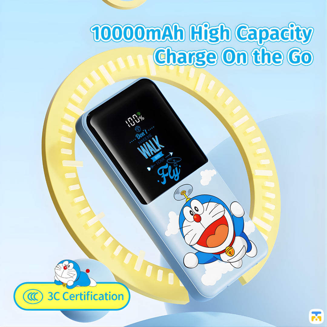 10000mAh High Capacity Charge On the Go - Doraemon 10000mAh  PD Fast Charging Power Bank with Built-in Cables