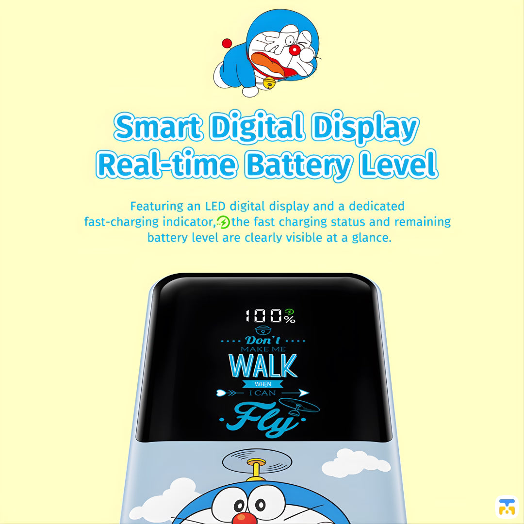 Smart Digital Display Real-time Battery Level - Doraemon 10000mAh  PD Fast Charging Power Bank with Built-in Cables