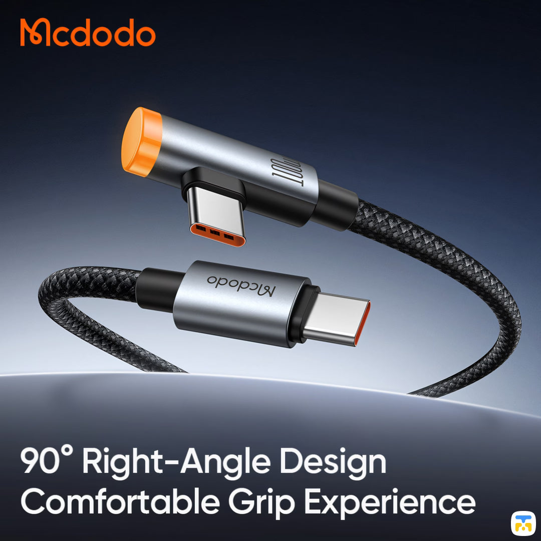 90° Right-Angle Design Comfortable Grip Experience - 100W USB-C to USB-C 90° Angled Data Cable 1.2m with Smart Auto Power Off