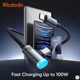 Fast Charging Up to 100W - 100W USB-C to USB-C 90° Angled Data Cable 1.2m with Smart Auto Power Off