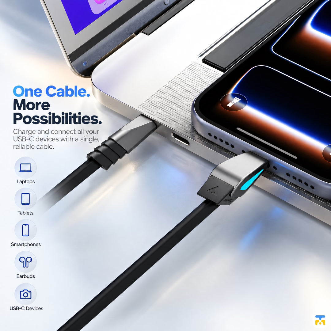 One Cable.
More
Possibilities - ACEFAST 240W USB-C 1.6 Meter Silicone Tri-Shape Cable with LED Light