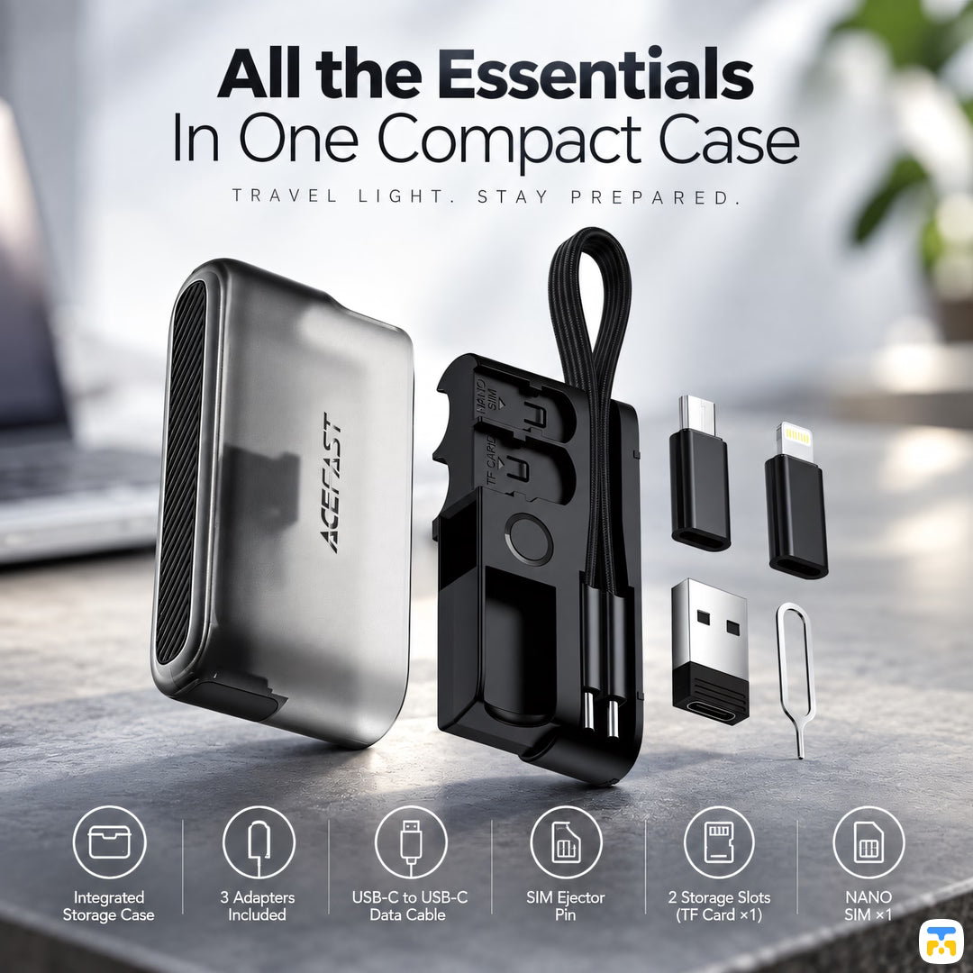 All the Essentials
In One Compact Case - ACEFAST Multi-Function Travel Set (Cable+Stand+SIM Ejector+Card Slot)