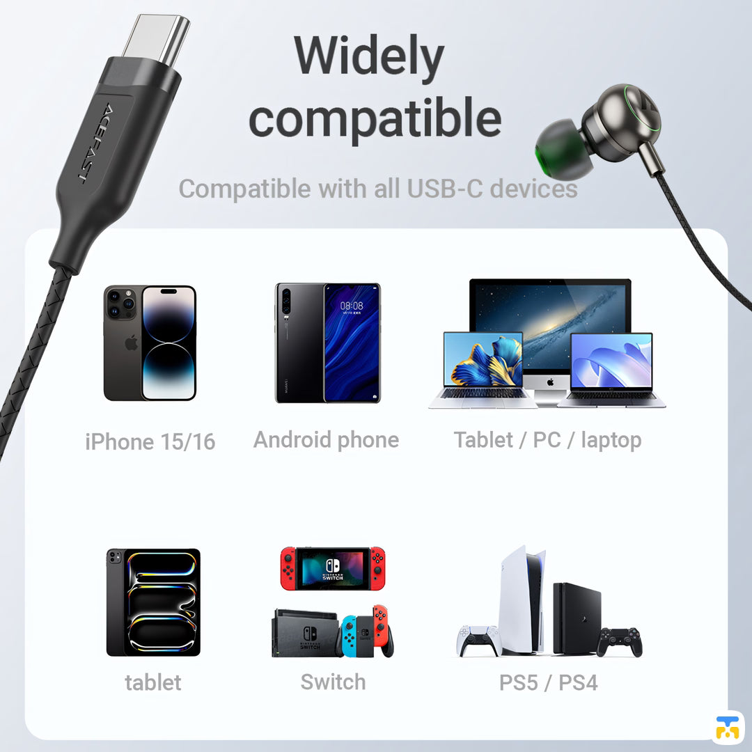 Widely
compatible - ACEFAST USB-C In-Ear Wired Earphones with Mic
