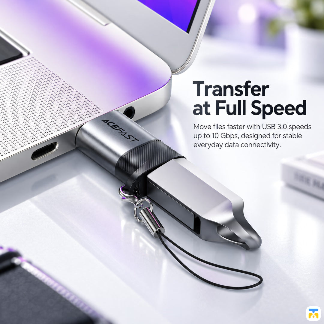 Transfer
at Full Speed - ACEFAST USB-C to USB-A Adapter - 27W Charge - 10G Data Transfer