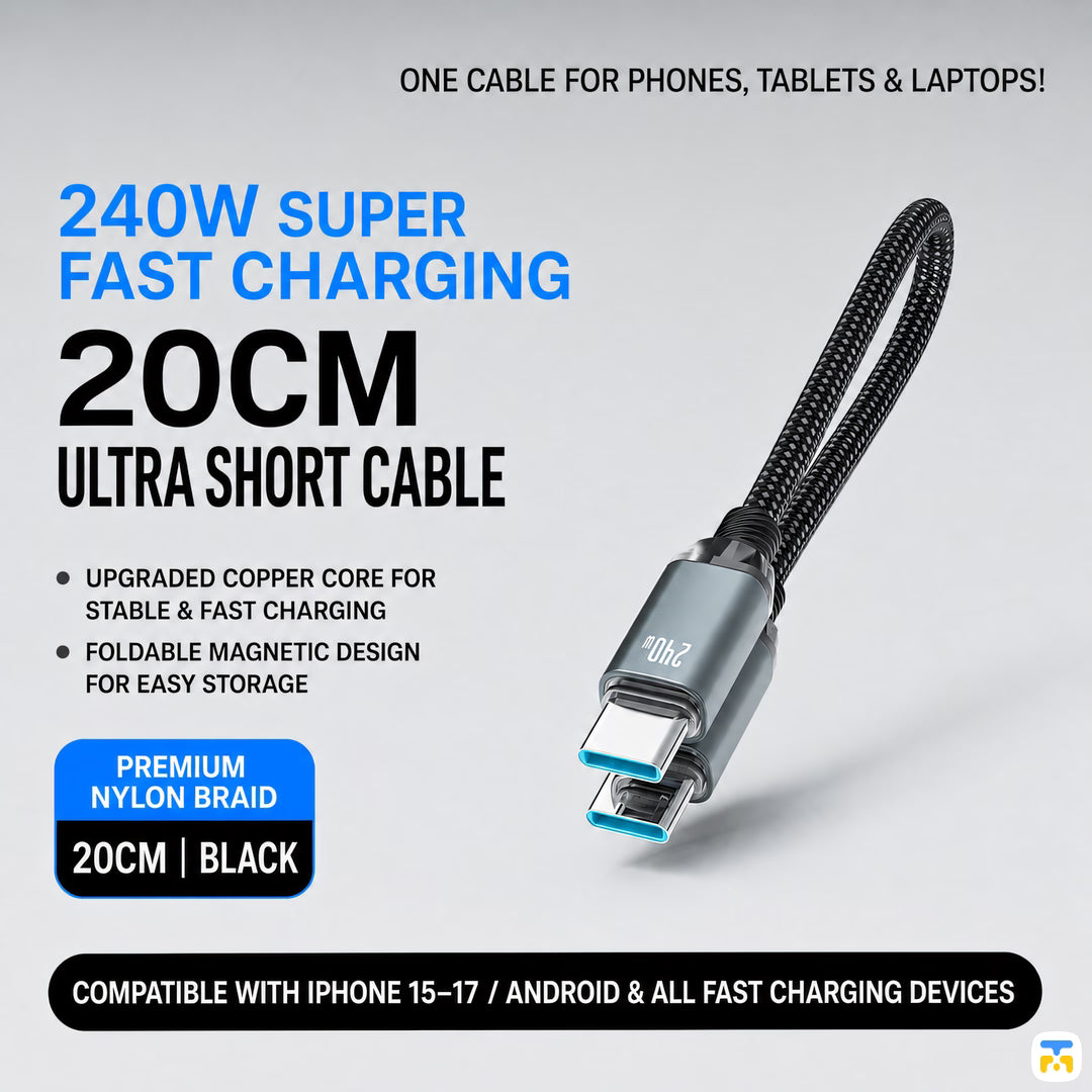 240W SUPER
FAST CHARGING - Basemo Magnetic Short 240W Charging & 480Mbps Data Cable 0.2 Meter