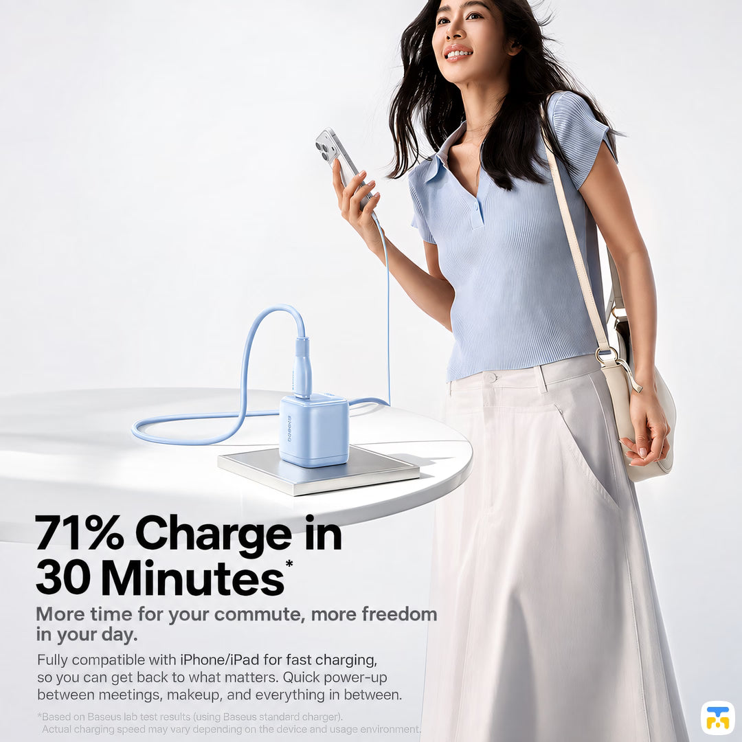71% Charge in
30 Minutes - Baseus EnerFill FN22 Mini Ice 45W GaN Charger - AVS Protocol