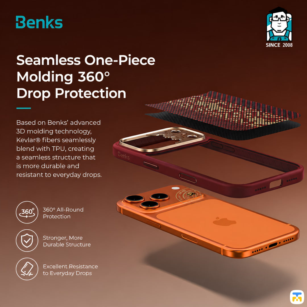 Seamless One-Piece Molding 360° Drop Protection - Benks for iPhone 17 Series ArmorPro Knight Case built with Kevlar