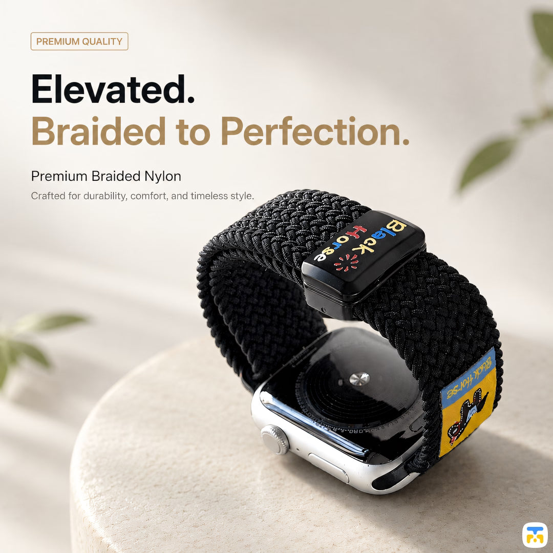 Elevated.
Braided to Perfection - Black Horse Braided Nylon Magnetic Apple Watch Strap for 38-49mm