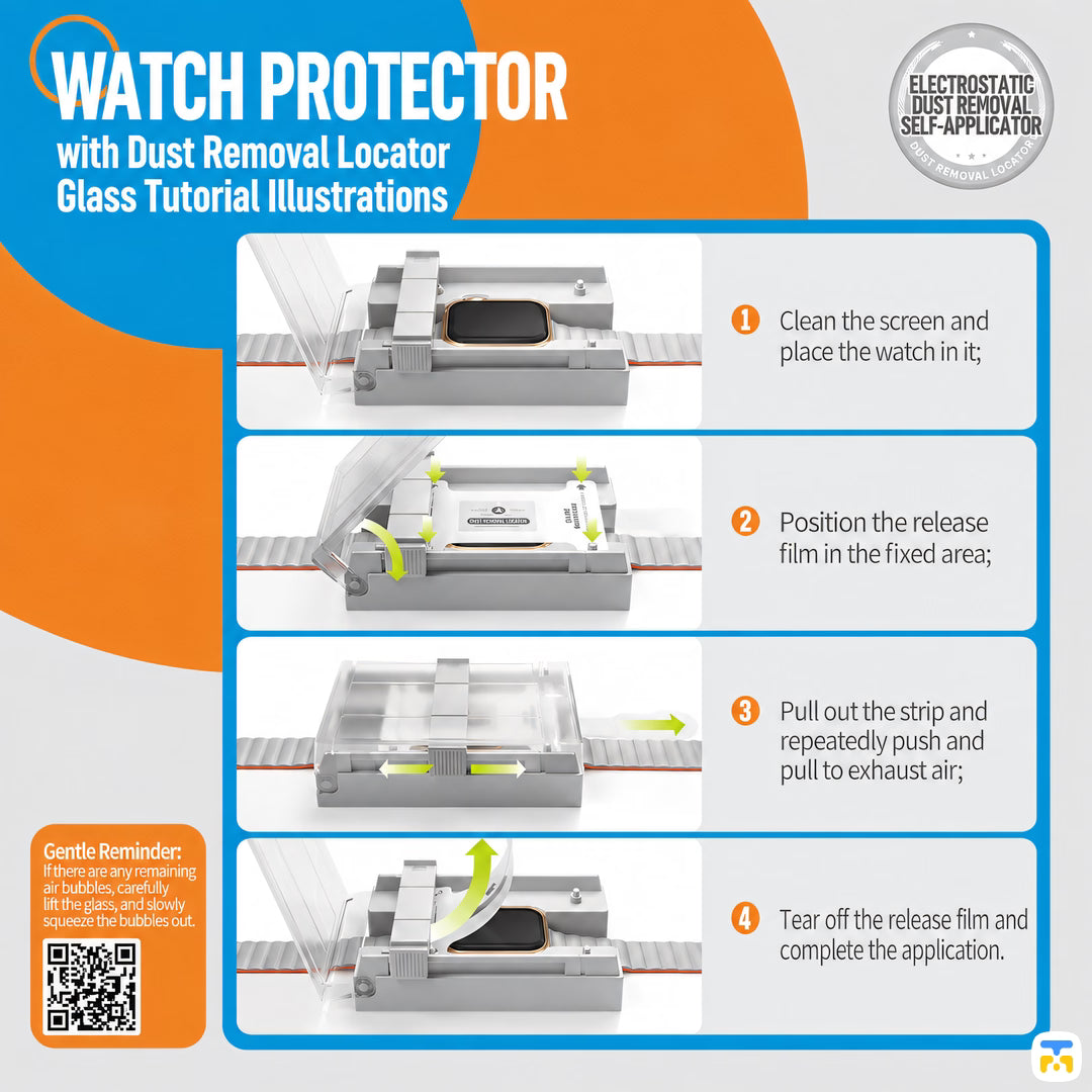 WATCH PROTECTOR
with Dust Removal Locator
Glass Tutorial Illustrations - BLUEO Apple Watch Shock-Resistant Protector with Installer - 2 Pieces