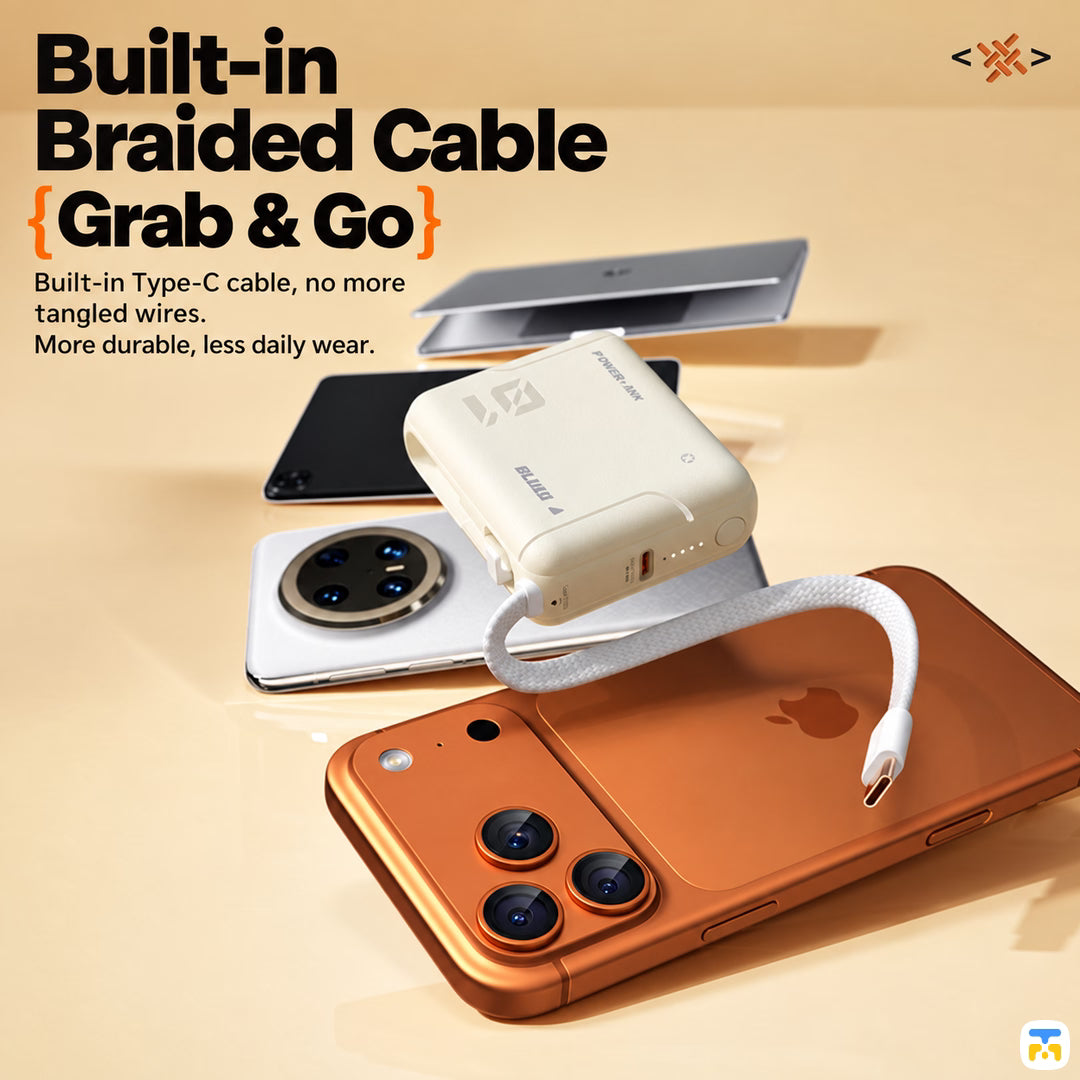 Built-in
Braided Cable
{Grab & Go} - BLUEO Cube Fast Charging Power Bank - 10000 mAh, 20W, Built-in Cable