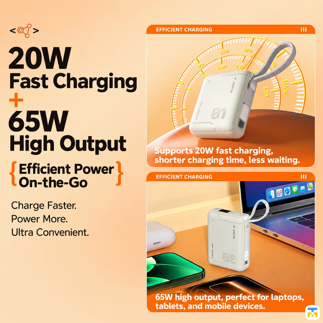 20W
Fast Charging
+
65W
High Output
Efficient Power
On-the-Go - BLUEO Cube Fast Charging Power Bank - 10000 mAh, 20W, Built-in Cable