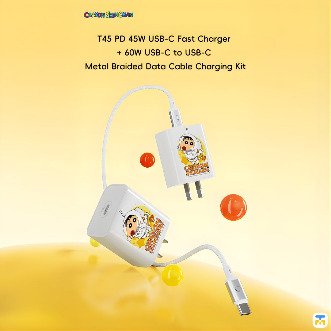 T45 PD 45W USB-C Fast Charger
+ 60W USB-C to USB-C
Metal Braided Data Cable Charging Kit - Crayon Shinchan PD 45W USB-C Fast Charging Kit - 60W C to C Braided Cable