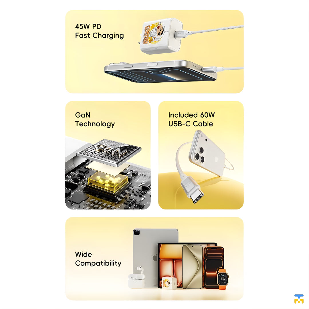 Crayon Shinchan PD 45W USB-C Fast Charging Kit - 60W C to C Braided Cable