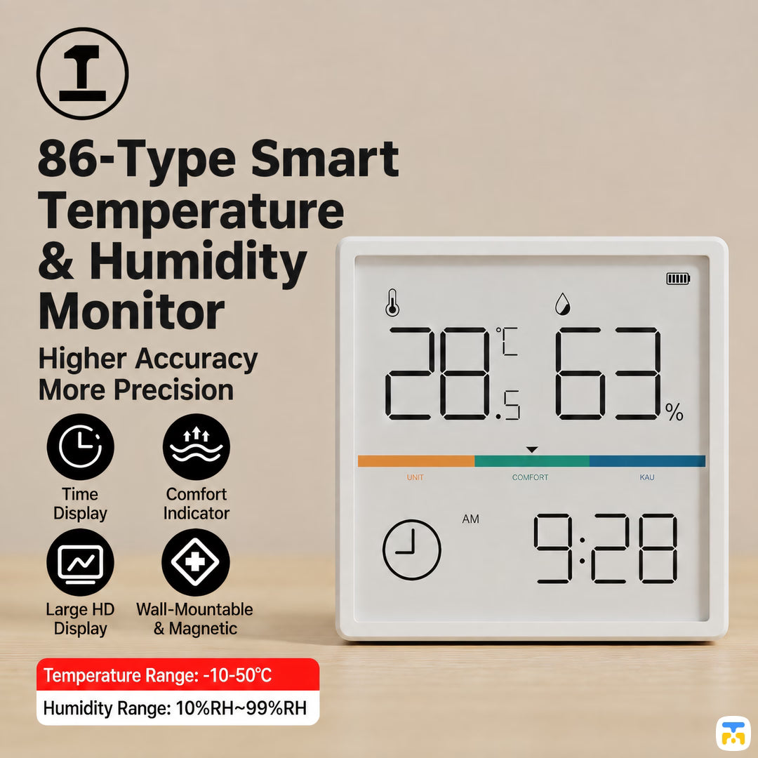 86-Type Smart
Temperature
& Humidity
Monitor - GREENER HD Color Screen Thermometer and Hygrometer with Clock