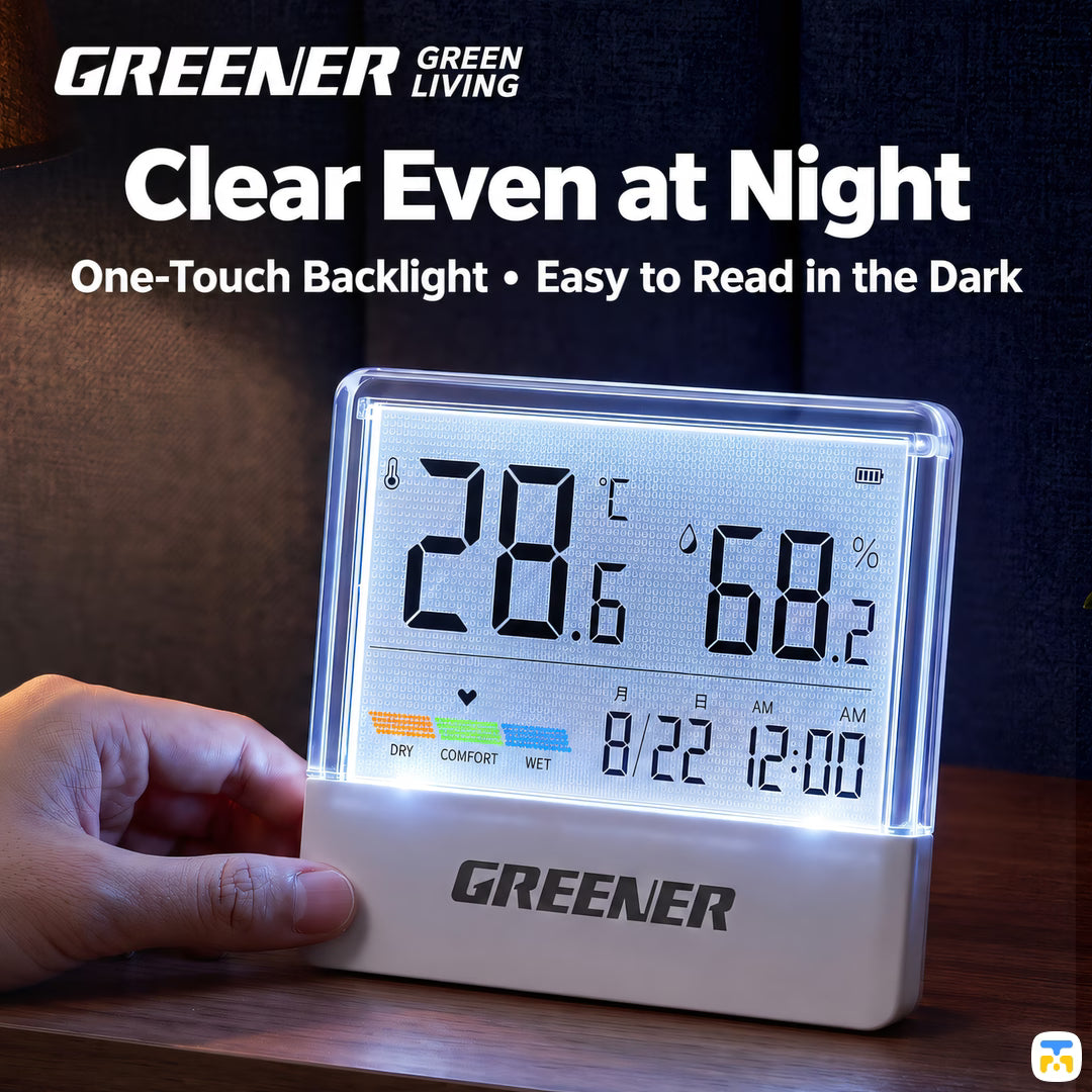 Clear Even at Night - Greener Transparent Thermometer & Hygrometer with Night Light
