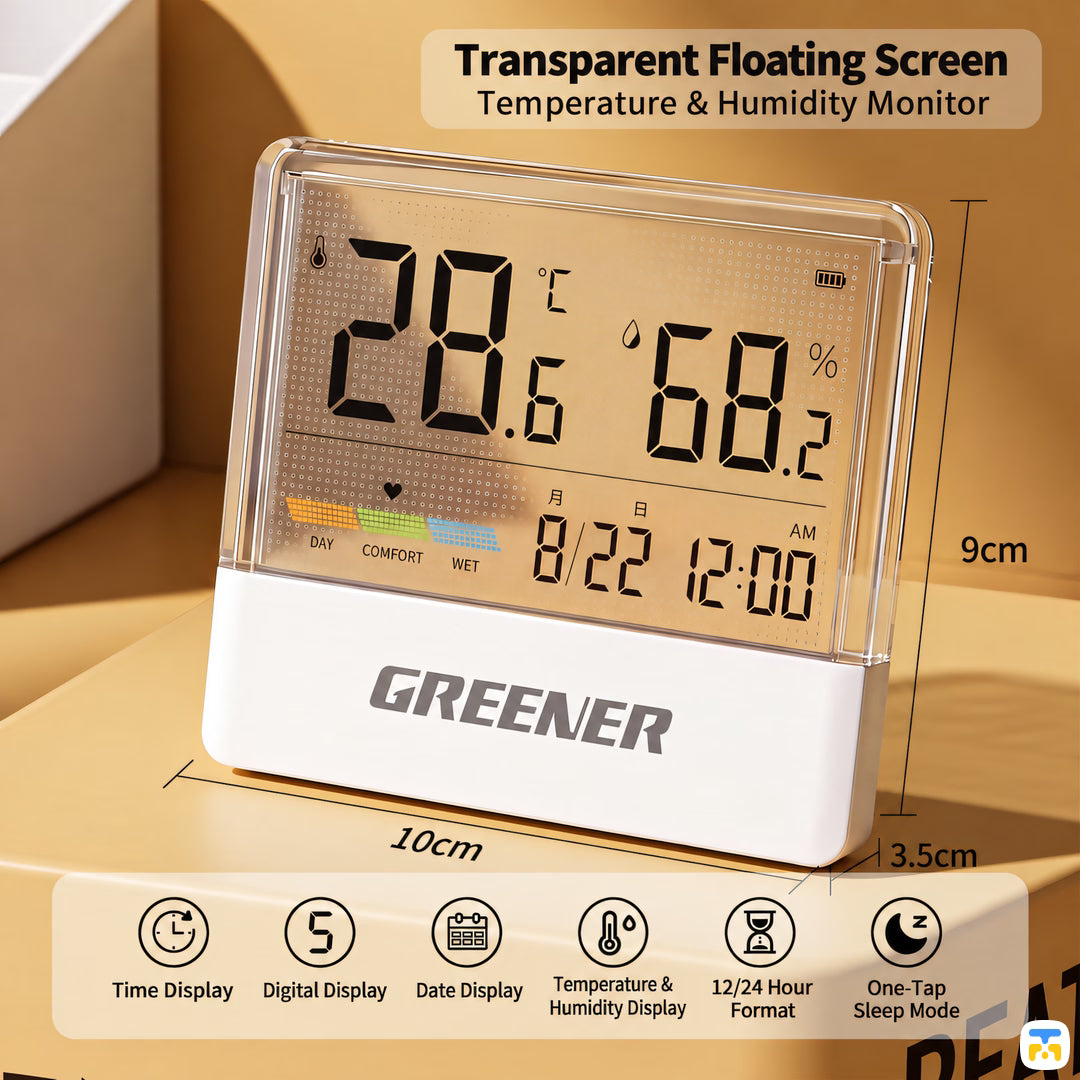 Transparent Floating Screen
Temperature & Humidity Monitor - Greener Transparent Thermometer & Hygrometer with Night Light