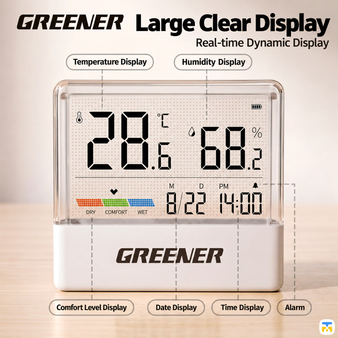 Large Clear Display
Real-time Dynamic Display - Greener Transparent Thermometer & Hygrometer with Night Light