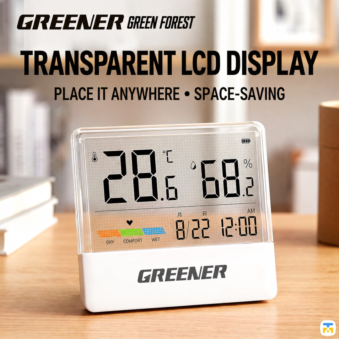 TRANSPARENT LCD DISPLAY - Greener Transparent Thermometer & Hygrometer with Night Light