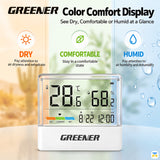 Color Comfort Display
See Dry, Comfortable or Humid at a Glance - Greener Transparent Thermometer & Hygrometer with Night Light