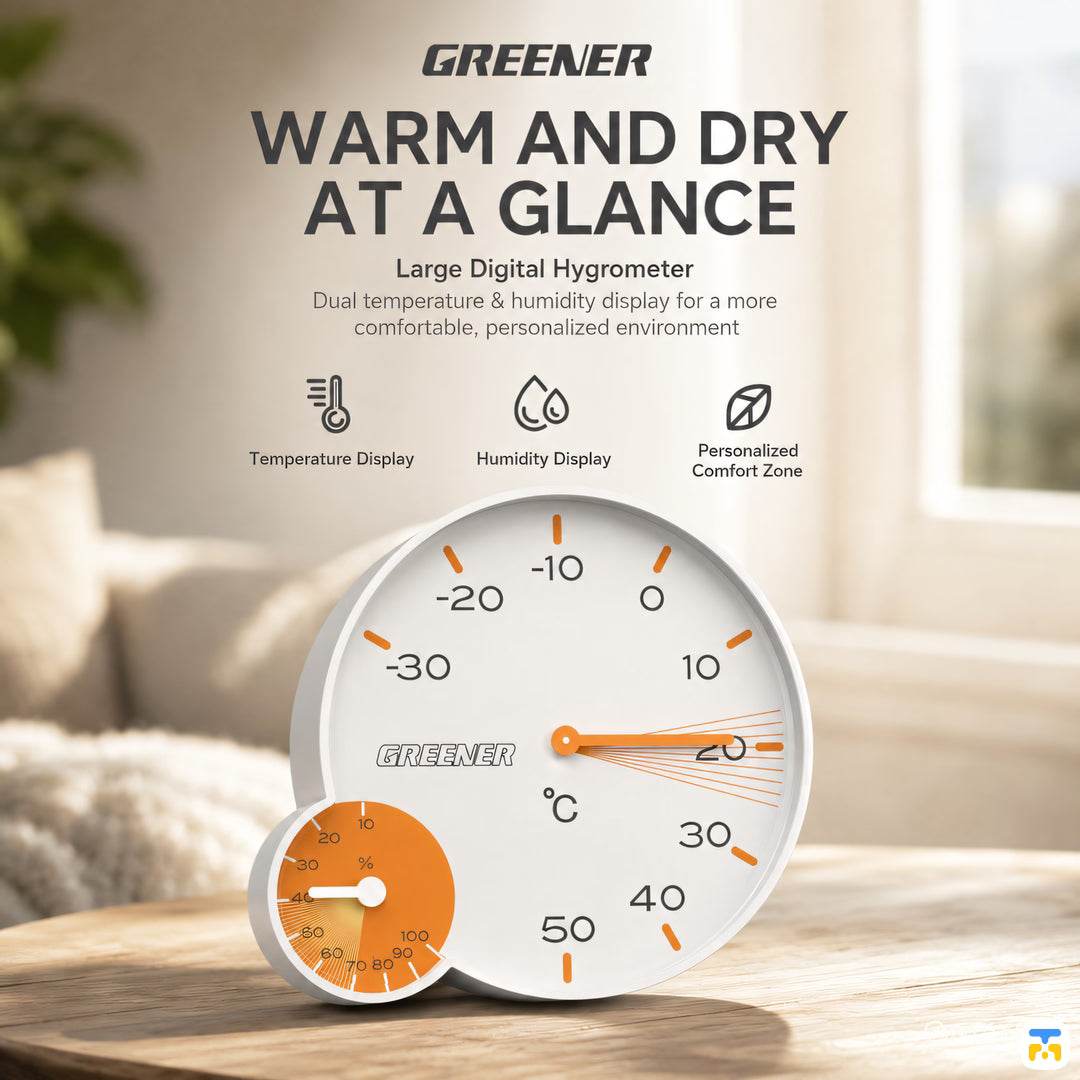 WARM AND DRY AT A GLANCE - Greener Wall-Mounted Thermometer and Hygrometer - Speedometer Series
