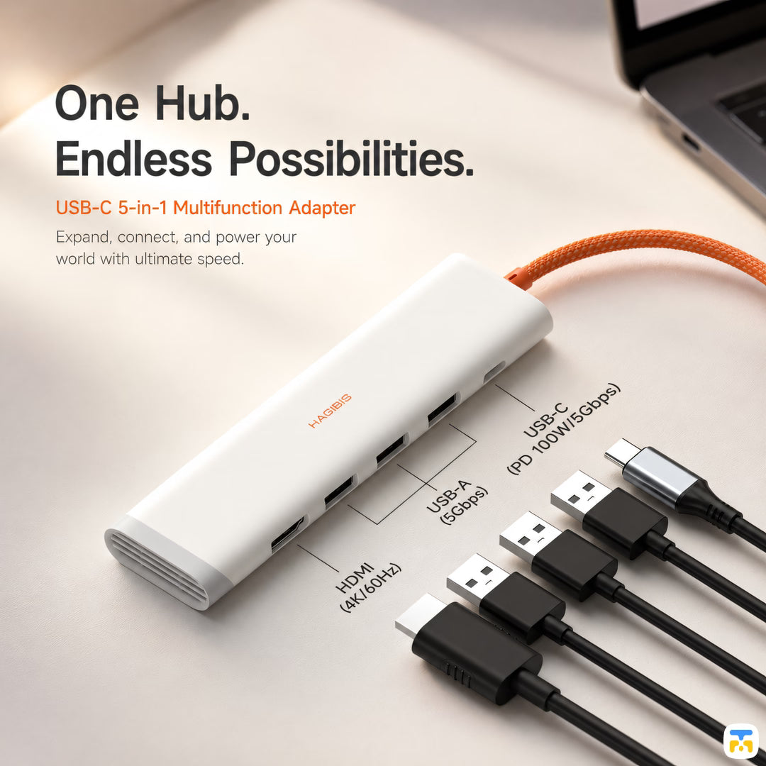 One Hub Endless Possibilities  - HAGiBiS Ultra Slim 5in1 USB-C Hub - 4K@60Hz - Heat Dissipation