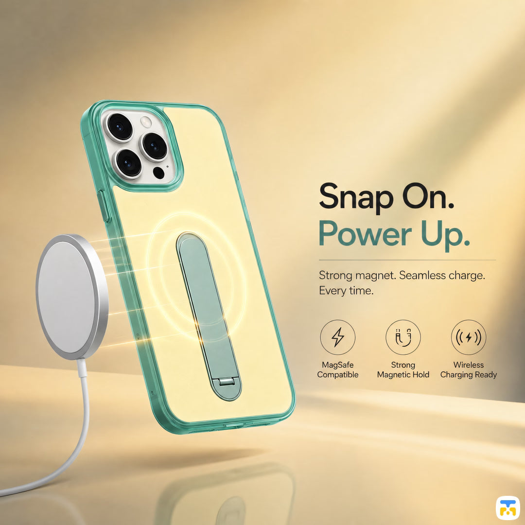 Snap On.
Power Up - Jaucase for iPhone 16 Series Macaron MagSafe Case with 360° Rotating Stand