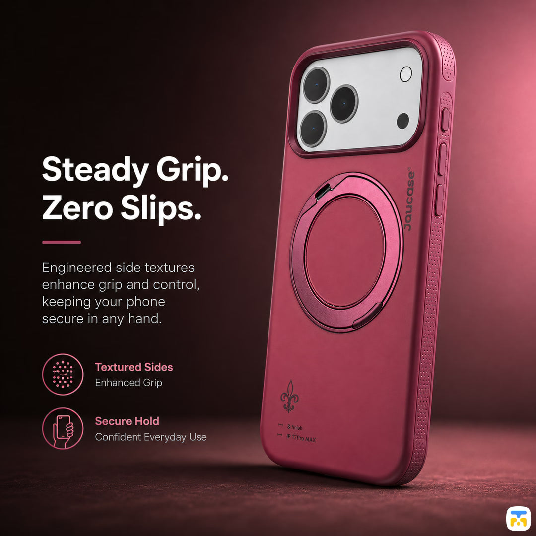 Steady Grip.
Zero Slips - Jaucase for iPhone 17 Series PhantomShield MagSafe Case with 360° Rotating Stand
