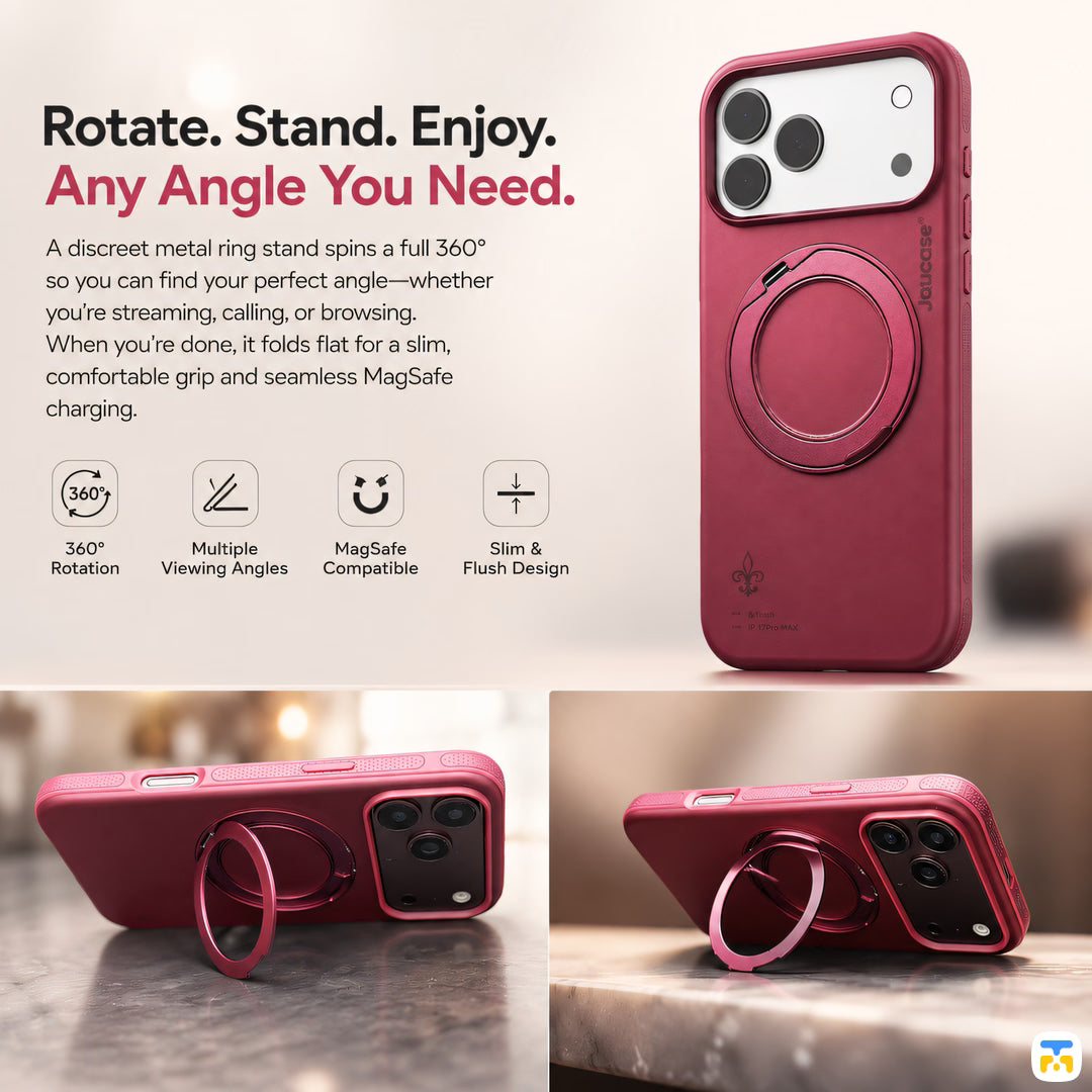 Rotate. Stand. Enjoy.
Any Angle You Need - Jaucase for iPhone 17 Series PhantomShield MagSafe Case with 360° Rotating Stand