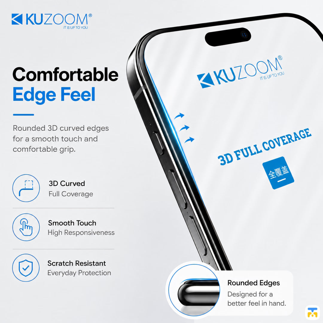 Comfortable Edge Feel - KUZOOM for iPhone 16 & 17 Series 3D Full-coverage Screen Protector