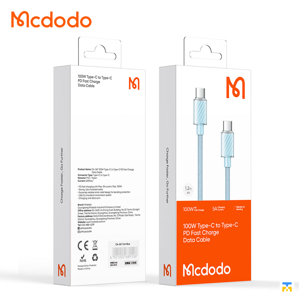 Mcdodo Type-C to Type-C PD Fast Charger Data Cable - 100W - 1.2 Meter- Packaging