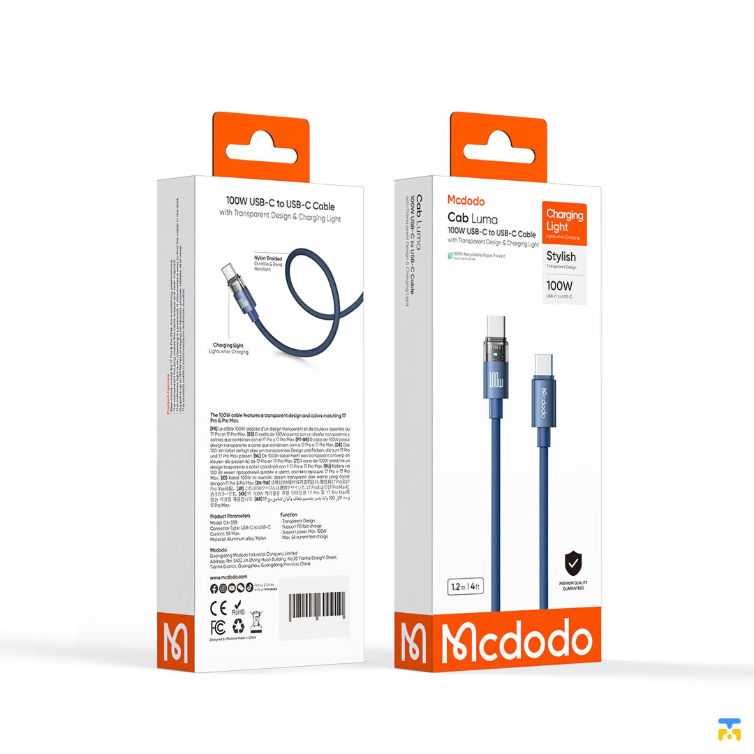 Mcdodo 100W USB-C to USB-C Transparent Cable with Charging Light 1.2m