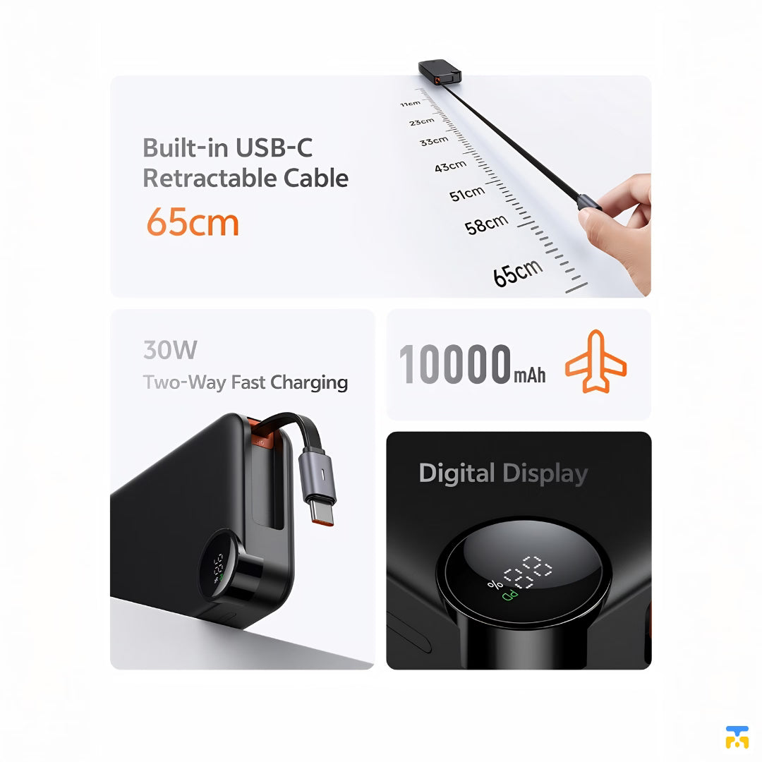 Built-in USB-C Retractable Cable 65cm - Mcdodo 30W 10000mAh Built-in Retractable Cable Digital Display Power Bank