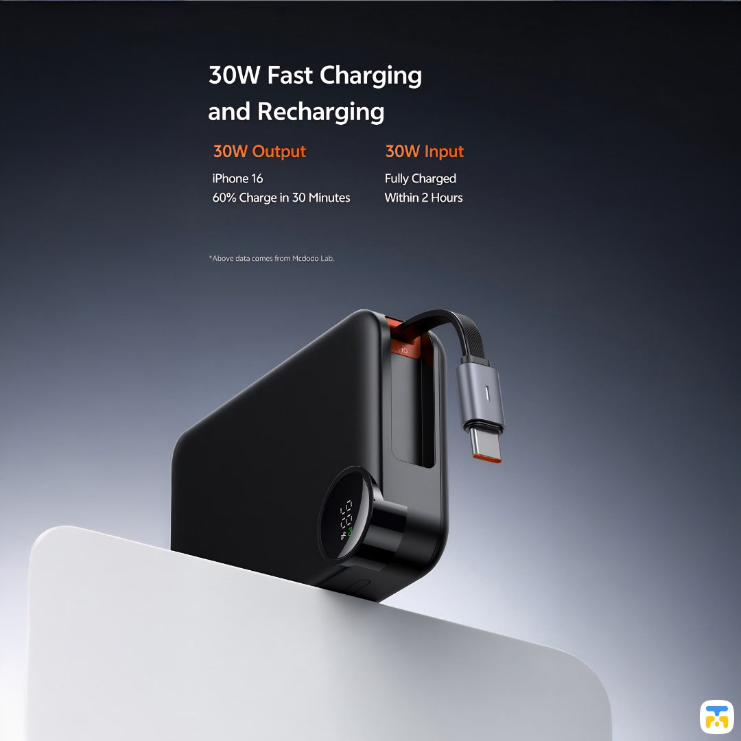 30W Fast Charging and Recharging - Mcdodo 30W 10000mAh Built-in Retractable Cable Digital Display Power Bank