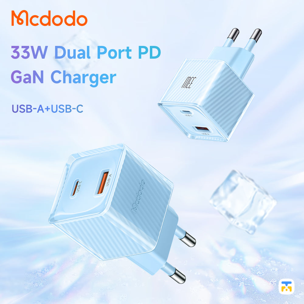 Mcdodo 33W Dual Port PD GaN Charger with USB-A and USB-C on a light blue background