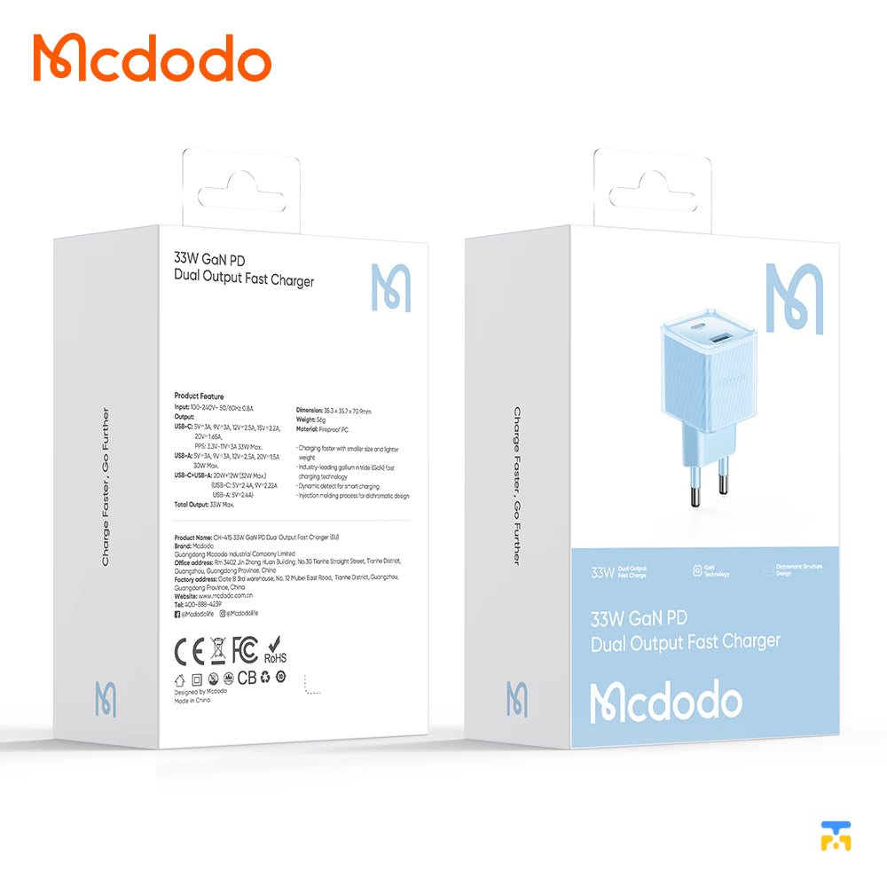 Mcdodo 33W GaN PD Dual Output Fast Charger packaging on a white background