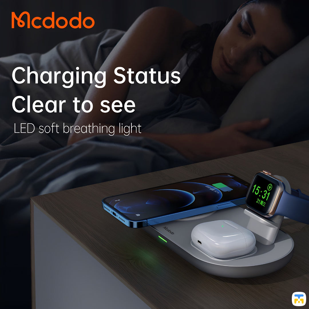 Charging Status Clear to see - Mcdodo 3in1 15W Wireless Charger for iPhone, Apple Watch, Airpods