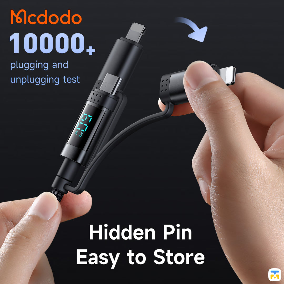 Hidden Pin
Easy to Store - McDodo 4-in-1 60W USB-C/USB-A to USB-C/Lightning Travel Cable 1.2m