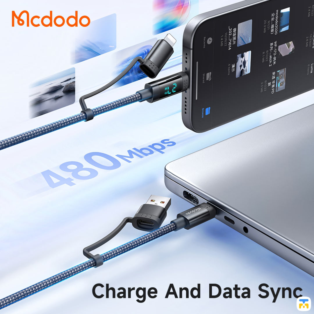 Charge And Data Sync - McDodo 4-in-1 60W USB-C/USB-A to USB-C/Lightning Travel Cable 1.2m