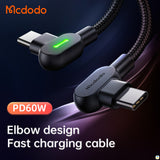Elbow design Fast charging cable - Mcdodo 90° Type-C to Type-C Data Cable - 60W - 2 Meter