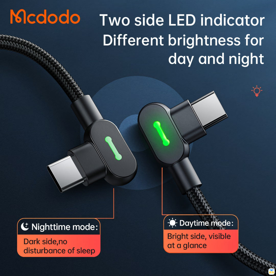 Two side LED indicator Different brightness for day and night - Mcdodo 90° Type-C to Type-C Data Cable - 60W - 2 Meter