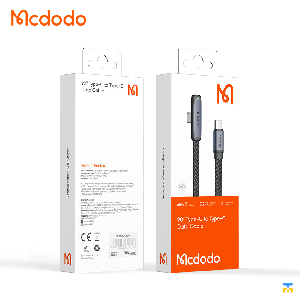 Mcdodo 90° Type-C to Type-C Data Cable - 65W - 1.2 Meter - Packaging