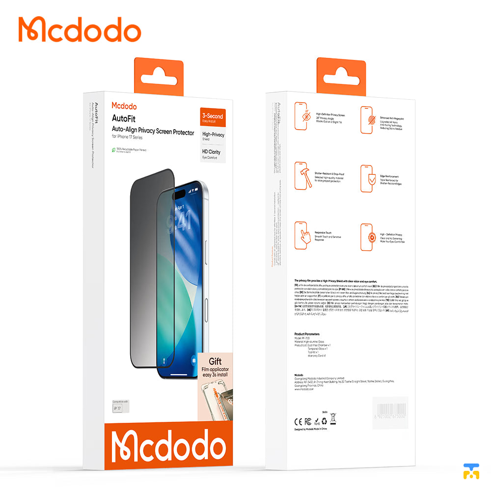 Mcdodo Autofit, Auto-align Privacy Screen Protector for iPhone 17 Series - Packaging