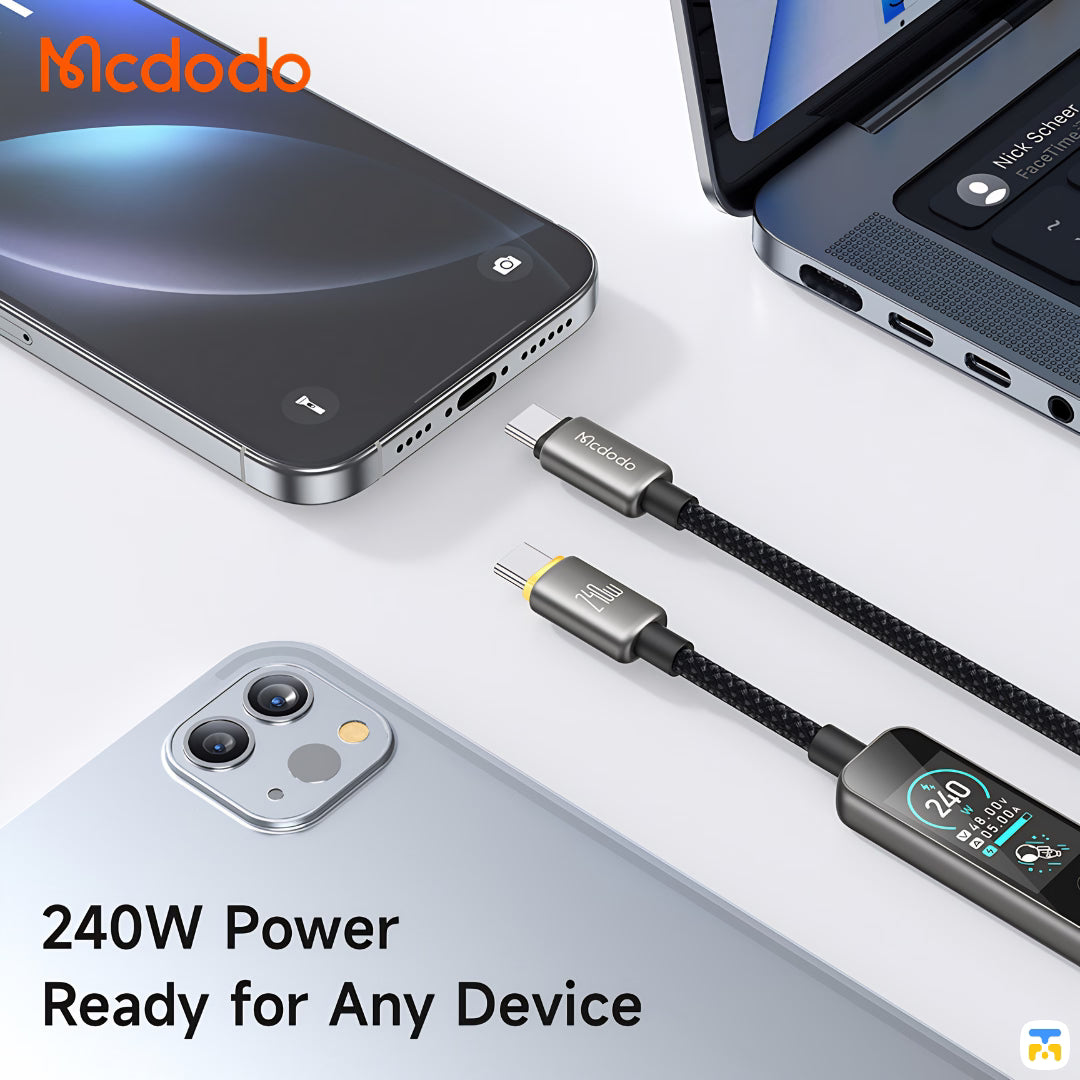 240W Power Ready for Any Device - Mcdodo Cab Vision 240W USB-C to USB-C Cable with Display - 1.2m