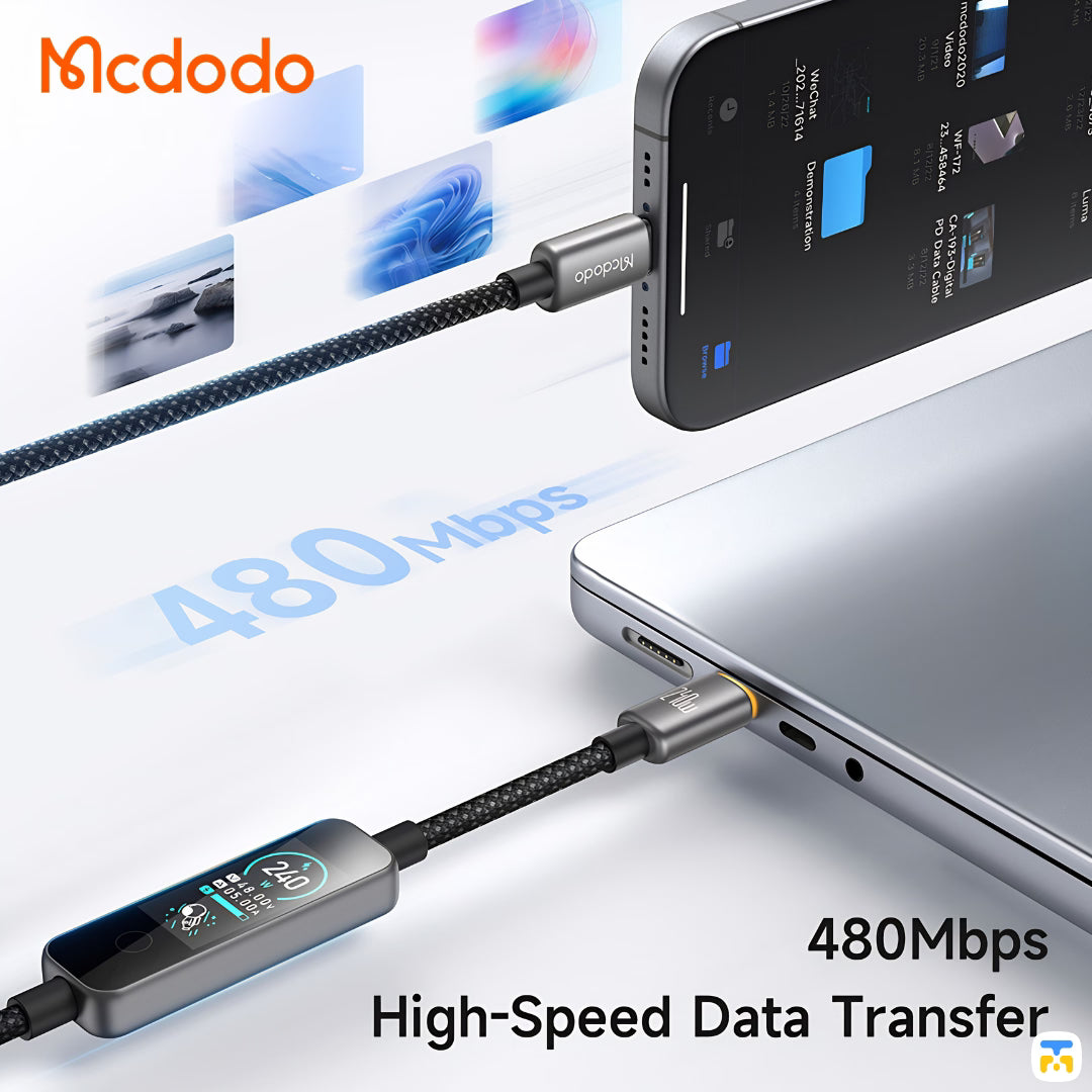 480Mbps High-Speed Data Transfer - Mcdodo Cab Vision 240W USB-C to USB-C Cable with Display - 1.2m 