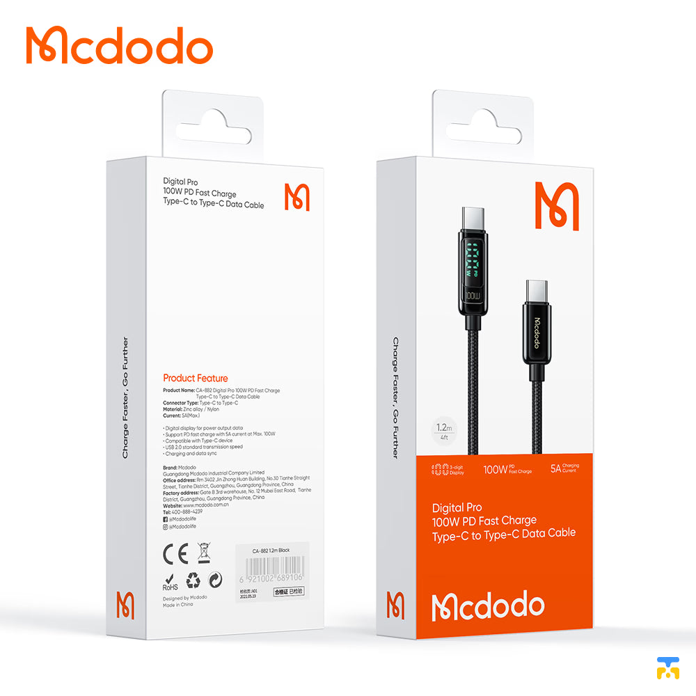Mcdodo Digital Pro PD Fast Charge Type-C to Type-C Data Cable - 100W - 1.2 Meter - Packaging