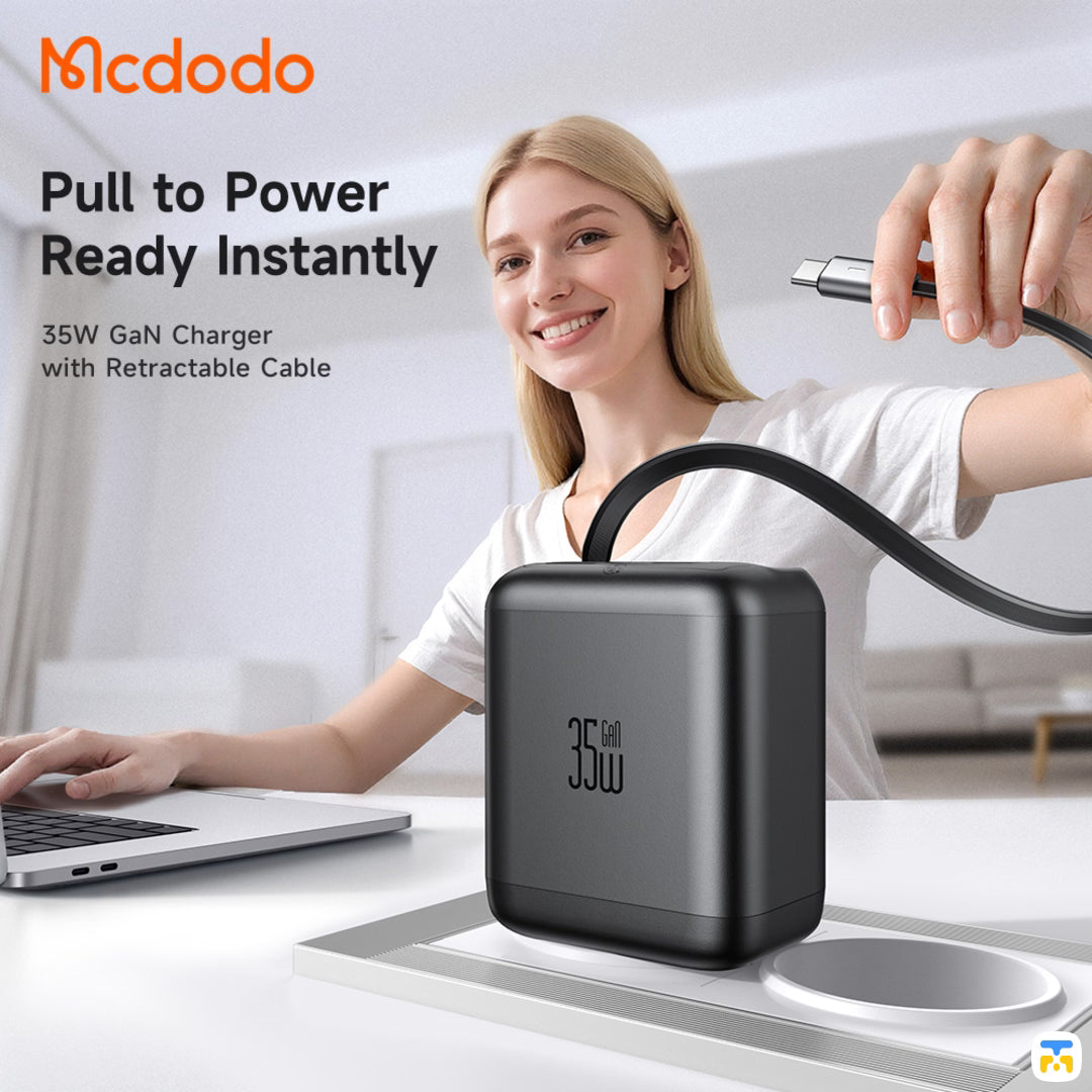 Pull to Power
Ready Instantly - Mcdodo FreeGo 35W Retractable-Cable Charge - 2 USB-C + 1 USB-A