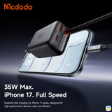 35W Max.
iPhone 17. Full Speed - Mcdodo FreeGo 35W Retractable-Cable Charge - 2 USB-C + 1 USB-A